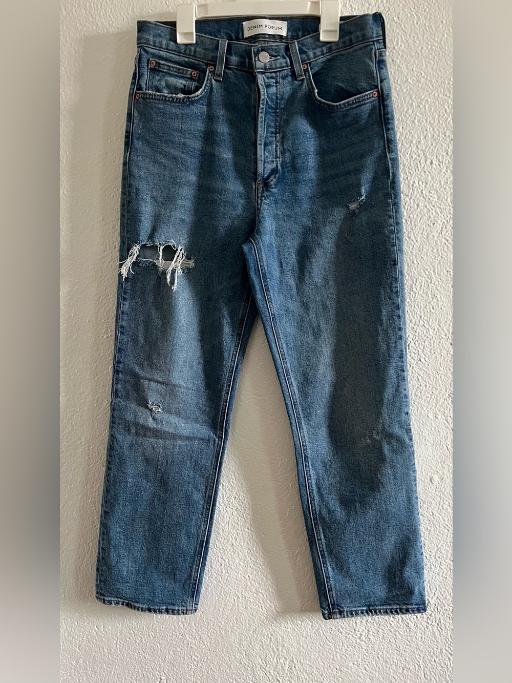 Denim Forum Men's Dark Blue Straight Jeans with Knee Distress